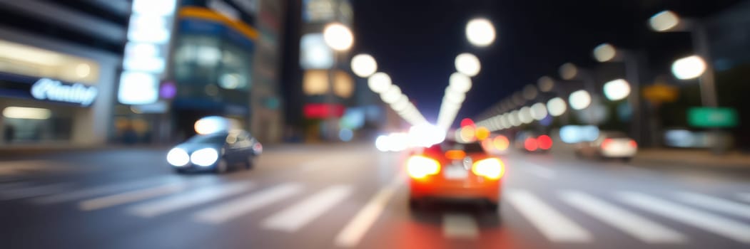 Nighttime captures the energy of a bustling city where cars navigate illuminated roads. Blurry lights enhance the dynamic feel of urban life and motion.