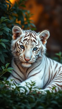 A white tiger lies calmly in dense foliage, showcasing its striking blue eyes and distinctive striped pattern. The warm light enhances the tranquil atmosphere of the setting.