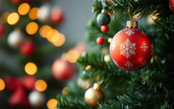 A beautifully decorated Christmas tree fills the indoor space. Bright ornaments in red and gold shimmer among softly glowing lights, creating a warm and inviting atmosphere.