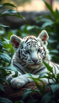 A white tiger cub lays comfortably on a log, surrounded by vibrant green leaves. The playful creature appears curious and relaxed in its natural setting.