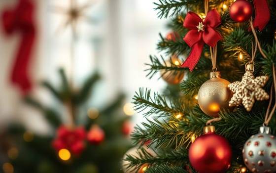 A beautifully decorated Christmas tree stands in a warm room, featuring shining ornaments, ribbons, and glimmering lights. This festive display enhances the joyful holiday spirit.