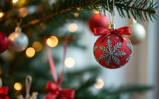 A vibrant red ornament featuring a snowflake design dangles from a lush green Christmas tree. Soft golden lights twinkle in the background, enhancing the holiday atmosphere.