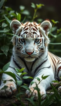 A young white tiger cub lies calmly amidst vibrant green plants, showcasing its striking features and playful demeanor in a natural habitat surrounded by foliage.