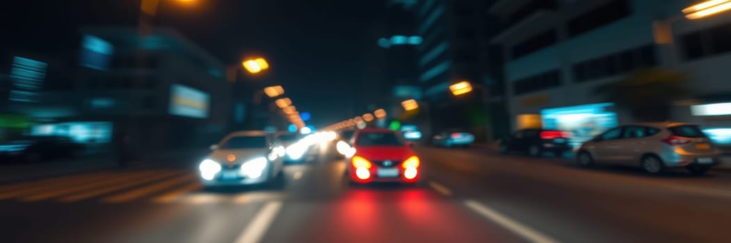 Bright headlights illuminate the urban road as cars navigate through a busy street at night. The surrounding buildings create a vibrant cityscape atmosphere.