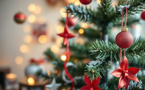 A Christmas tree adorned with red ornaments and ribbons fills a cozy room with holiday cheer. Soft lights twinkle in the background, enhancing the festive atmosphere.