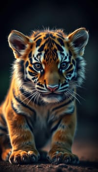 A young tiger cub crawls inquisitively through a lush environment, its vibrant fur contrasting with the soft evening light. The scene captures its playful curiosity and natural beauty.