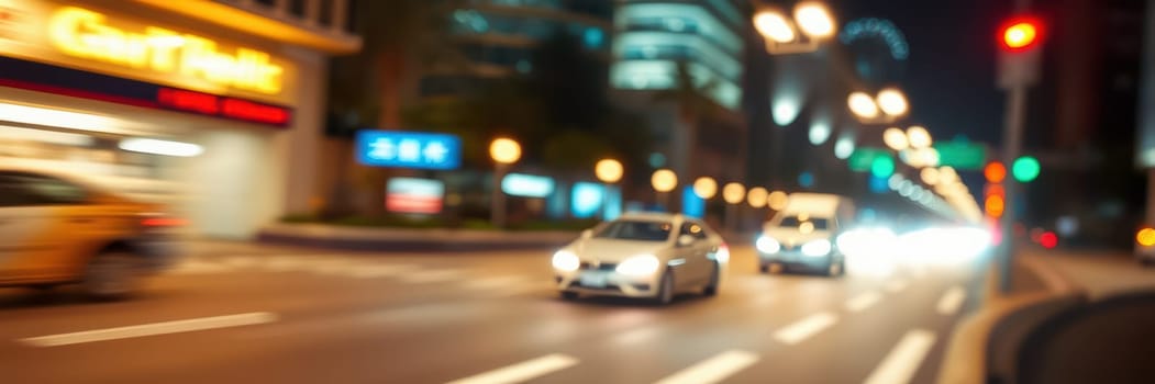 Cars speed along a bustling urban street at night, surrounded by glowing lights from buildings and vibrant surroundings, creating a lively city atmosphere.