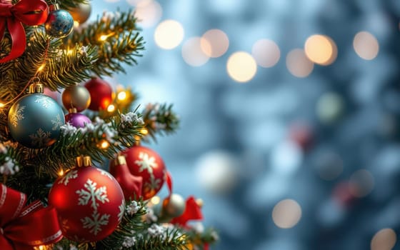 Colorful ornaments and twinkling lights adorn a lush Christmas tree, enhancing the joyful ambiance of the holiday season with a soft blue background.
