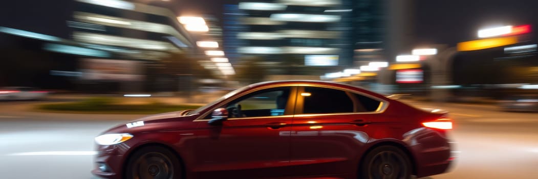 A red sedan drives quickly through a bustling urban area at night, with vibrant city lights creating a sense of movement and excitement in the surroundings.