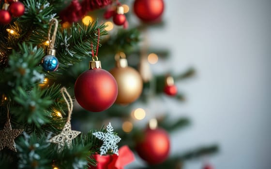 The Christmas tree is beautifully decorated with red and gold ornaments, including stars, surrounded by warm twinkling lights in a cozy living room atmosphere.