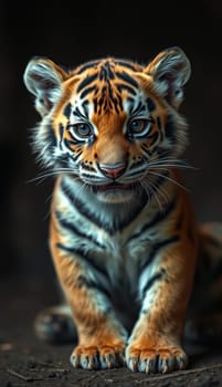 A young tiger cub sits regally, showcasing its vibrant orange and black striped coat. The light catches its curious eyes, highlighting its playful nature and surrounding habitat.