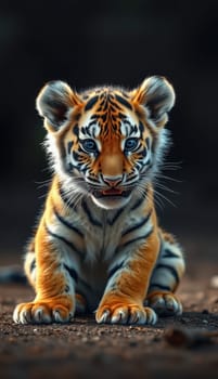 A young tiger cub rests on the ground, showcasing its vibrant orange and black fur. Its bright blue eyes capture attention against the dim background, highlighting its playful curiosity.