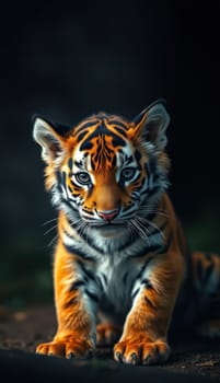 A young tiger sits confidently on the ground, its bright orange fur contrasting against the dark background. Its piercing eyes reflect curiosity and strength in a natural setting.