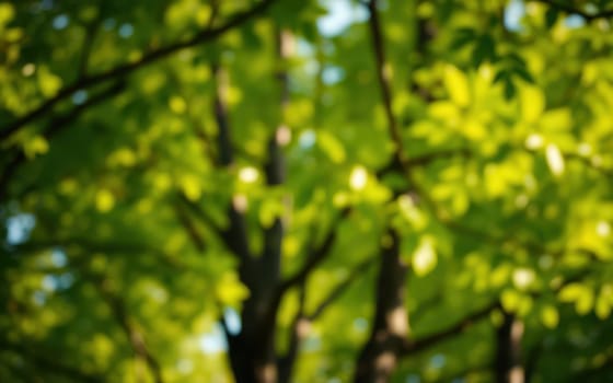 Bright green leaves fill the scene, creating a vibrant canopy overhead in a tranquil forest. Sunlight filters through, enhancing the fresh atmosphere of spring.