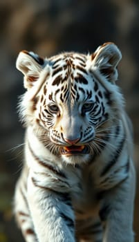 A stunning white tiger moves gracefully through its environment, showcasing its striking markings and keen expression while enjoying the sunlight.