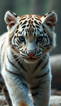 A white tiger cub walks confidently through its lush forest habitat during the day, showcasing its striking coat and inquisitive expression amidst greenery.