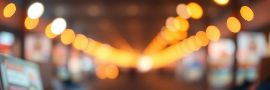 Softly glowing lights create a warm atmosphere in a lively street market as evening falls. The blurred background hints at various stalls attracting visitors and vendors.