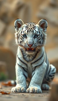 A young white tiger cub explores its surroundings with curiosity and playfulness.