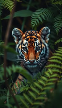 A young tiger with distinctive black stripes and bright orange fur watches intently from behind dense green ferns. The setting is rich with foliage, capturing a moment in the wild.