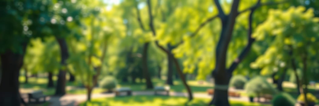 Sunlight filters through dense green foliage, casting gentle shadows on the walking path. People stroll or sit on benches, enjoying the peaceful environment in the park.