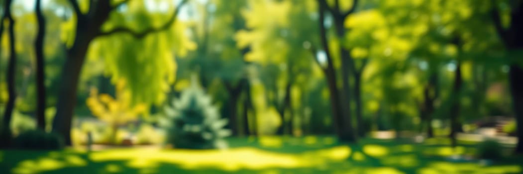 The park features abundant greenery with tall trees providing shade. Sunlight streams through the leaves, creating a serene atmosphere for visitors to enjoy leisurely walks and relaxation.