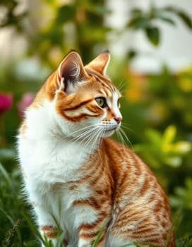 An orange tabby cat with distinct stripes relaxes in a lush garden filled with colorful flowers. The soft afternoon light highlights its elegant features and curious expression.