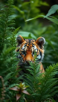 A young tiger is curiously watching from behind dense ferns in a tropical environment. Its vibrant orange fur and distinct stripes stand out amid the green foliage.