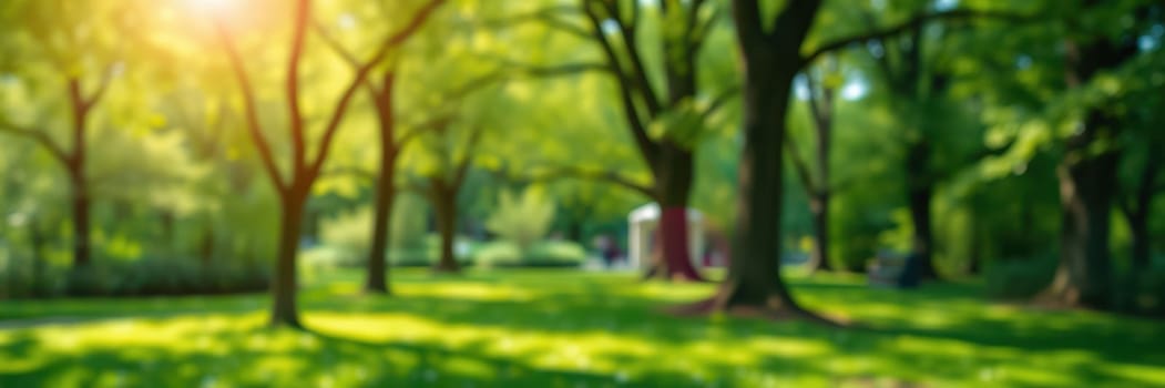 A peaceful park scene captures vibrant green trees and soft sunlight creating a tranquil atmosphere. The ground is blanketed with lush grass, inviting visitors to relax.