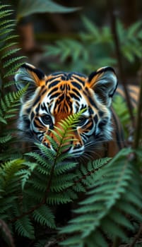 A striking tiger peers through vibrant green ferns in a dense tropical forest. The warm light of the golden hour highlights the tiger's distinctive markings and intense gaze.