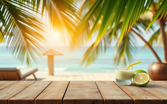 A tropical drink sits on a wooden table as the sun sets, casting warm light through palm trees near a beach. Citrus garnishes add freshness to the serene atmosphere.