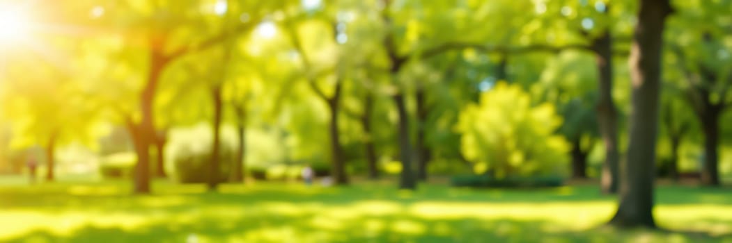 A tranquil park setting features an abundance of greenery under bright sunlight. Tall trees provide shade, while the soft grass invites relaxation and outdoor activities.