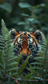 A young tiger cautiously peers out from behind tall ferns in a vibrant green forest. The sunlight filters through the leaves, highlighting its striking features.