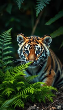A young tiger cub is nestled among green ferns, its vibrant fur contrasting with the foliage. The cub gazes curiously while surrounded by the rich vegetation of its natural habitat.