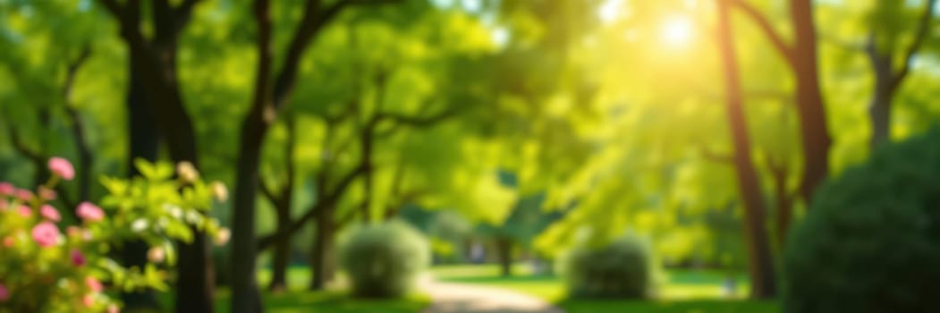 A peaceful park path bathed in early morning sunlight, lined with vibrant green trees and blooming flowers, inviting leisurely strolls and relaxation.