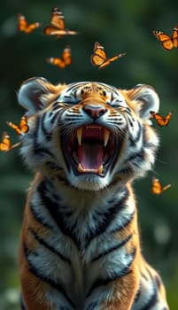 A large tiger is roaring, its mouth wide open, while butterflies flutter around it in a thick, green jungle setting. The colors create a lively atmosphere.