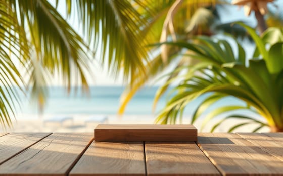 A beachside wooden table beautifully frames a vibrant tropical scene, showcasing lush palm trees and the calm ocean in the background under clear blue skies.