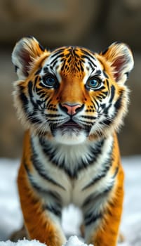 A young tiger moves slowly through a snowy environment, displaying its vibrant orange and black stripes. Its deep blue eyes reflect curiosity and playfulness amid the winter landscape.
