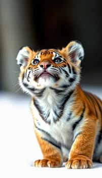 A young tiger cub with striking orange and black stripes looks up curiously, showcasing its playful demeanor in a calm indoor setting. The soft background enhances its features.