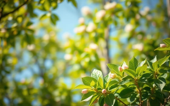 Vibrant green leaves fill the foreground as delicate blossoms appear amidst the greenery. The bright blue sky highlights the beauty of spring in a peaceful garden setting.