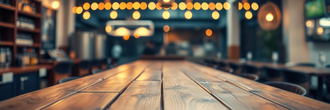A rustic wooden table stands prominently in a warm and inviting restaurant. Soft lighting and decorative bulbs create a cozy atmosphere for dining and gathering.
