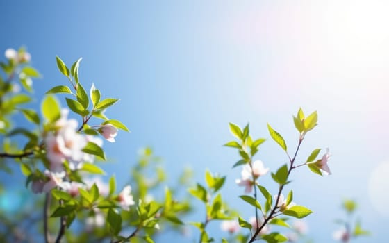Bright sunlight illuminates delicate pink flowers and vibrant green leaves, creating a serene atmosphere on a warm spring day with a clear blue sky.