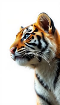 A close-up view of a tiger highlights its vivid orange fur and distinctive black stripes. The animal gazes confidently, embodying strength and beauty in a serene context.