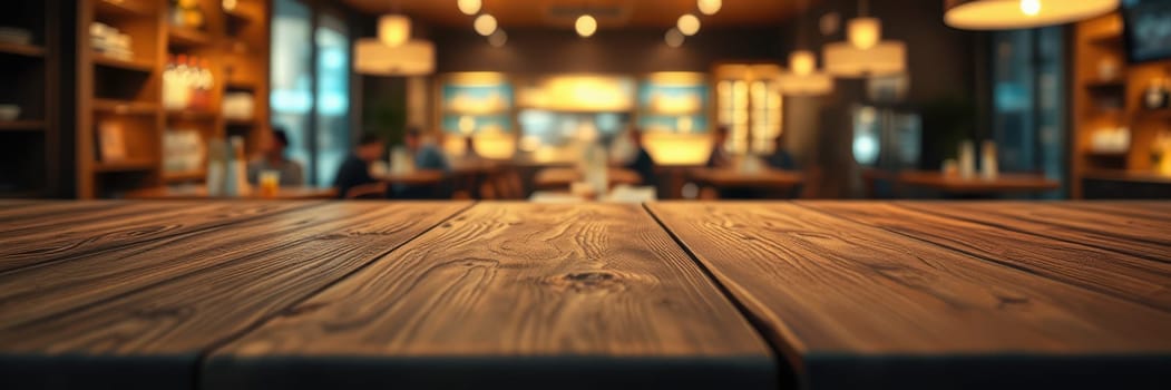 A wooden table is prominently featured in the foreground, while a warm, inviting cafe is visible in the background. Patrons enjoy their time in the softly lit space.