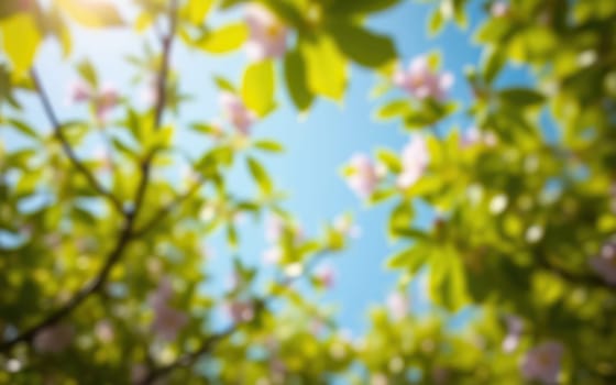 Sunlight filters through vibrant green leaves and soft pink flowers in full bloom, creating a serene atmosphere on a warm spring day.