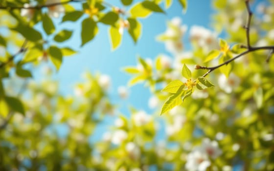Fresh green leaves gently sway in the warm breeze on a sunny spring day, highlighting the delicate white flowers that bloom vibrantly against the bright blue sky.