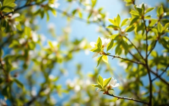 Delicate white blossoms and vibrant green leaves adorn branches, capturing sunlight in a tranquil spring atmosphere, showcasing nature's beauty and renewal.
