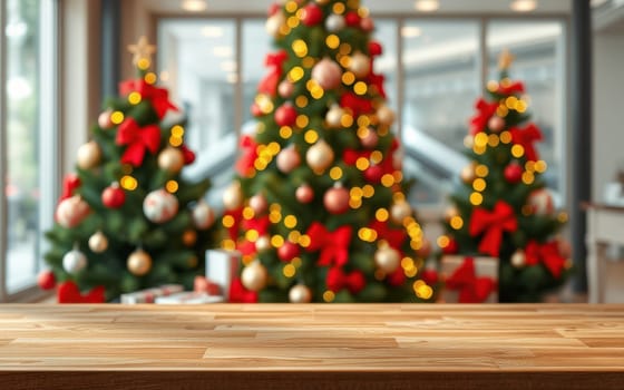 Cozy indoor setting featuring multiple Christmas trees adorned with ornaments and bows. The space is warmly lit, creating a festive atmosphere perfect for celebrations.
