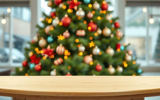 A cozy indoor area features a wooden table in the foreground and a vibrant Christmas tree adorned with colorful ornaments and lights in the background, creating a festive atmosphere.
