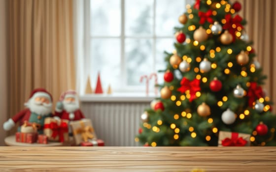 A cozy living room showcases a beautifully decorated Christmas tree adorned with lights and ornaments. Nearby, cheerful Santa figurines add to the festive ambiance, inviting holiday cheer.
