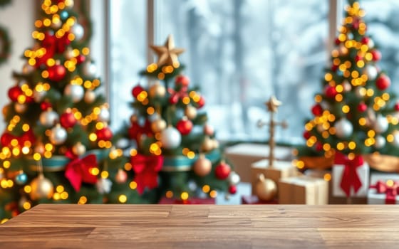 Lush Christmas trees adorned with ornaments and lights create a festive ambiance, while a wooden table in the foreground invites holiday gatherings and celebrations.